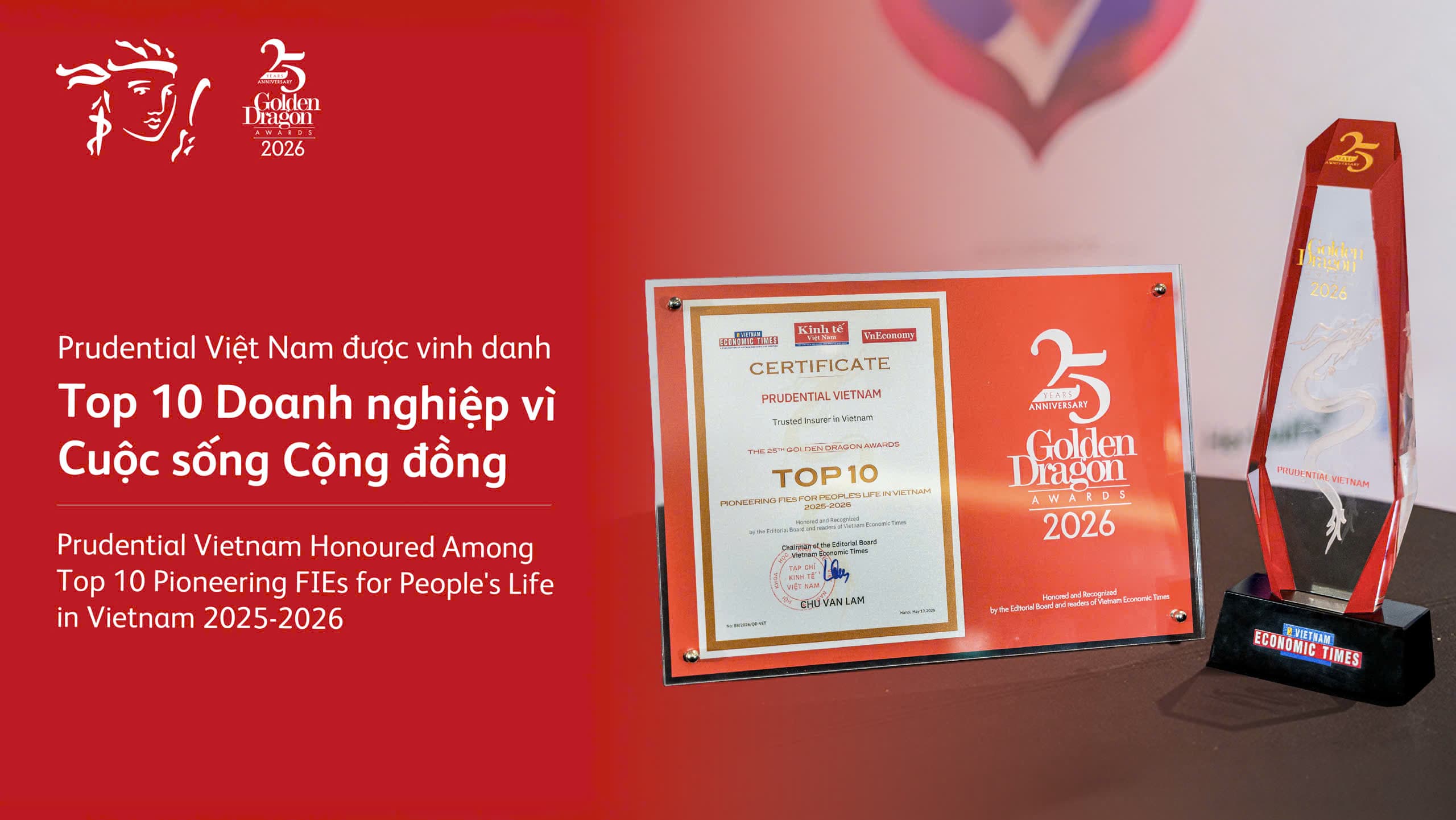 Prudential Việt Nam được vinh danh Top 10 Doanh nghiệp vì Cuộc sống Cộng đồng